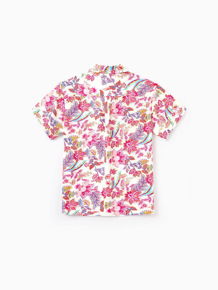 Daddy & Son Outfits Set Tropical Flora Print Short-sleeve Collar Shirt or Halter Belted Dress for Summer Vacation Beige