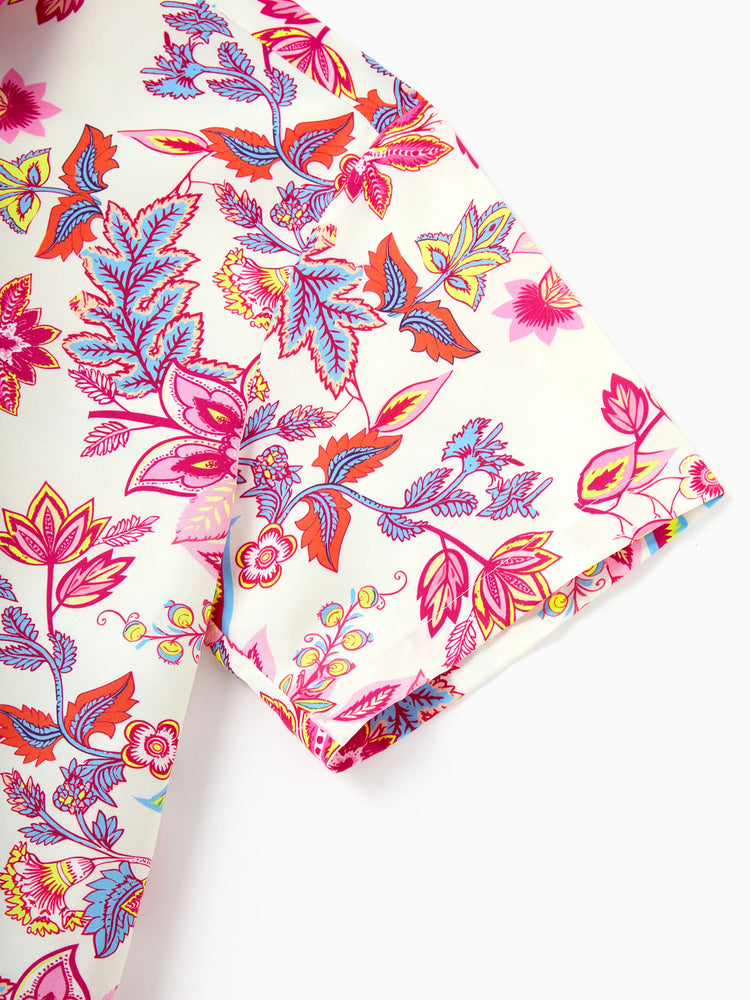 Daddy & Son Outfits Set Tropical Flora Print Short-sleeve Collar Shirt or Halter Belted Dress for Summer Vacation Beige