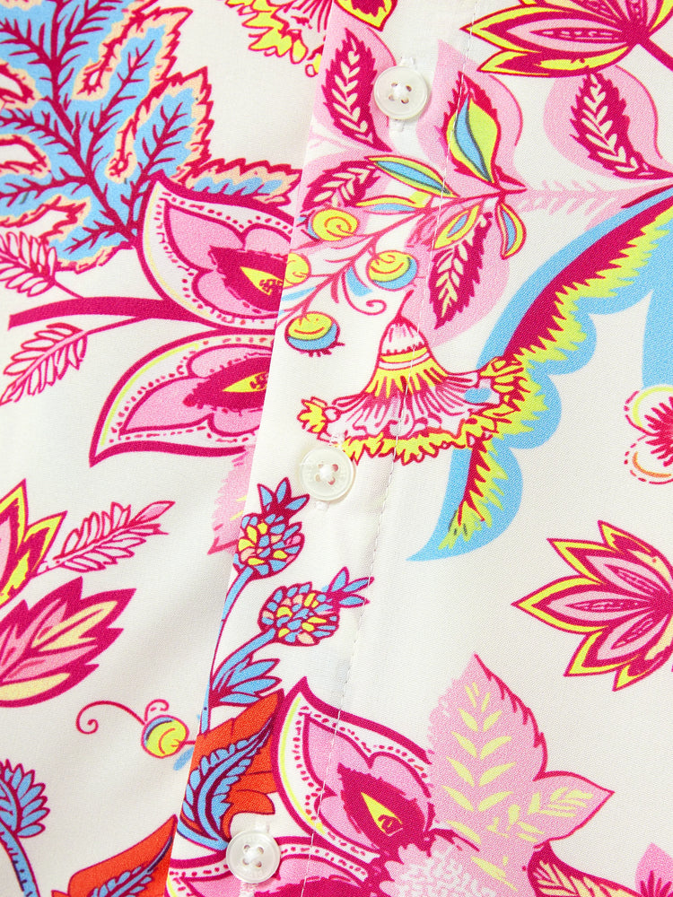 Family Matching Outfits Set Tropical Flora Print Short-sleeve Collar Shirt or Halter Belted Dress for Summer Vacation Beige