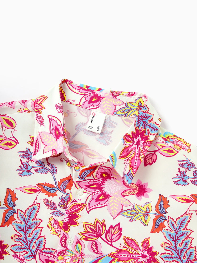 Family Matching Outfits Set Tropical Flora Print Short-sleeve Collar Shirt or Halter Belted Dress for Summer Vacation Beige