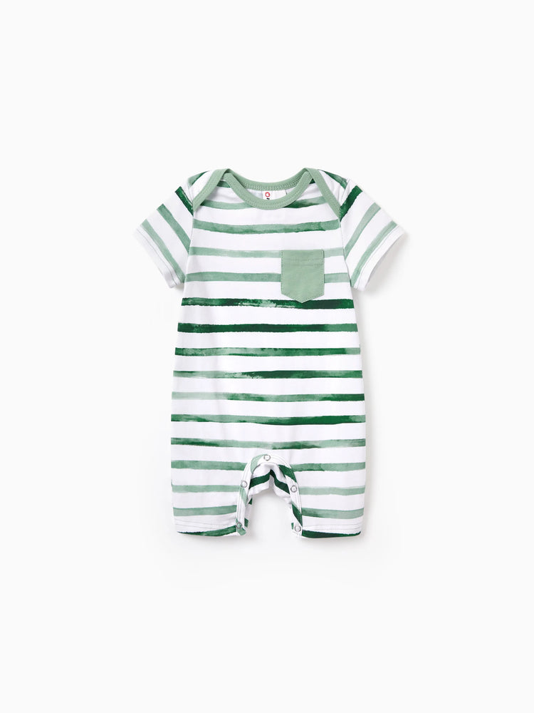 Family Matching Cotton Outfits Set Green Striped T-Shirt and Dress Set for Dad, Mom, Kids & Baby, Perfect for Summer Family Outings & Photos Green