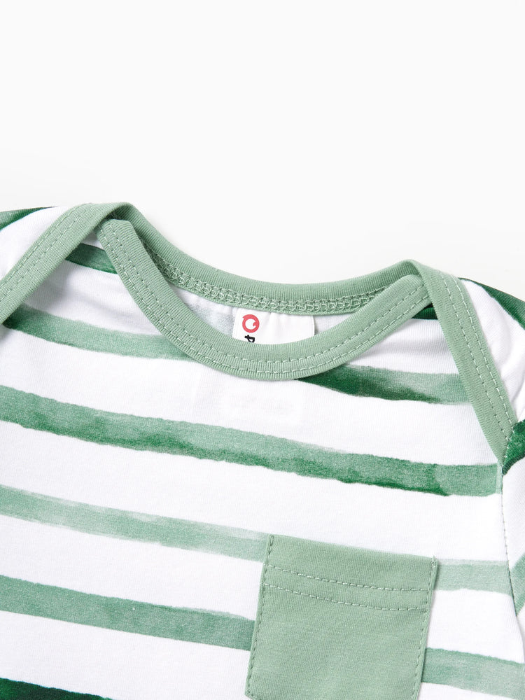 Family Matching Cotton Outfits Set Green Striped T-Shirt and Dress Set for Dad, Mom, Kids & Baby, Perfect for Summer Family Outings & Photos Green