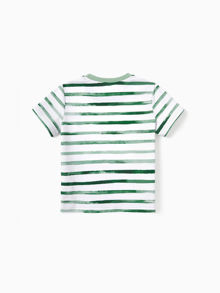 Family Matching Cotton Outfits Set Green Striped T-Shirt and Dress Set for Dad, Mom, Kids & Baby, Perfect for Summer Family Outings & Photos Green