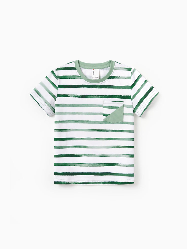 Daddy & Son Cotton Outfits Set Green Striped T-Shirt and Dress Set for Dad, Mom, Kids & Baby, Perfect for Summer Family Outings & Photos Green