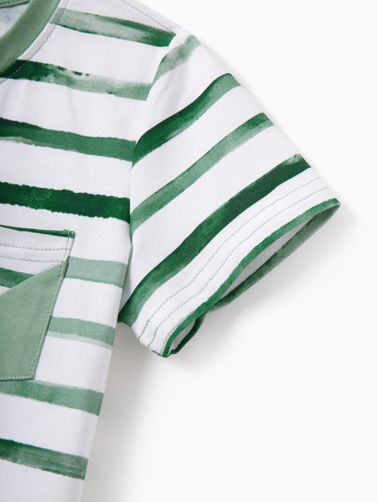 Family Matching Cotton Outfits Set Green Striped T-Shirt and Dress Set for Dad, Mom, Kids & Baby, Perfect for Summer Family Outings & Photos Green