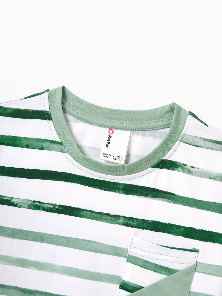 Family Matching Cotton Outfits Set Green Striped T-Shirt and Dress Set for Dad, Mom, Kids & Baby, Perfect for Summer Family Outings & Photos Green