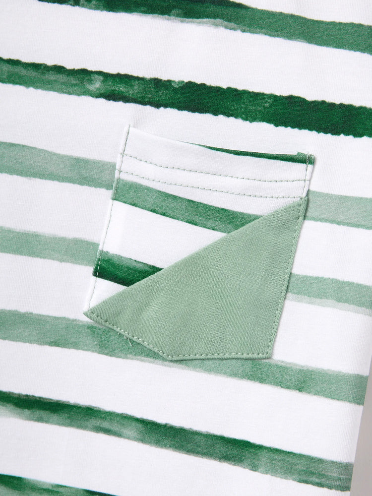 Family Matching Cotton Outfits Set Green Striped T-Shirt and Dress Set for Dad, Mom, Kids & Baby, Perfect for Summer Family Outings & Photos Green