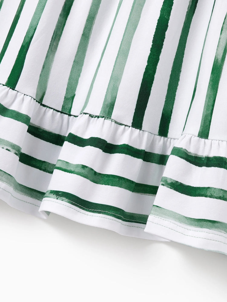 Family Matching Cotton Outfits Set Green Striped T-Shirt and Dress Set for Dad, Mom, Kids & Baby, Perfect for Summer Family Outings & Photos Green
