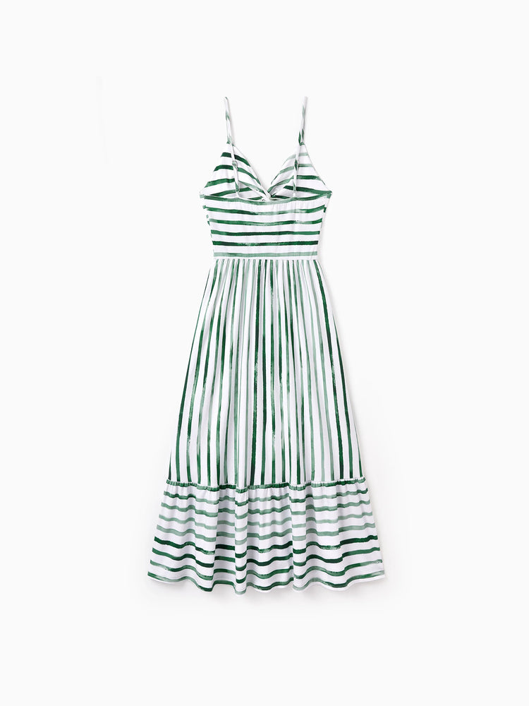 Family Matching Cotton Outfits Set Green Striped T-Shirt and Dress Set for Dad, Mom, Kids & Baby, Perfect for Summer Family Outings & Photos Green