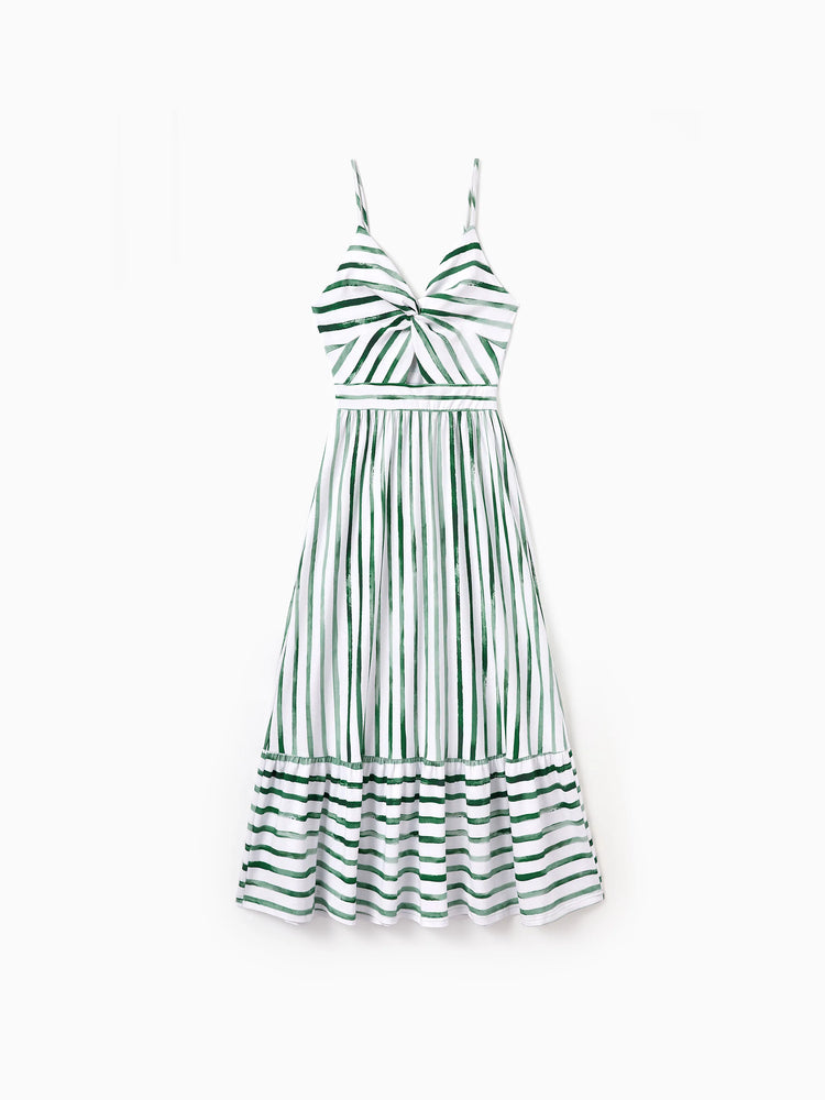 Family Matching Cotton Outfits Set Green Striped T-Shirt and Dress Set for Dad, Mom, Kids & Baby, Perfect for Summer Family Outings & Photos Green