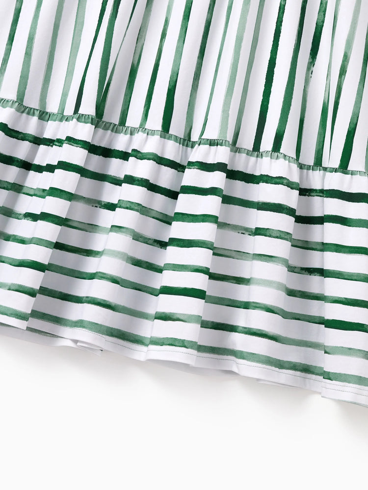 Family Matching Cotton Outfits Set Green Striped T-Shirt and Dress Set for Dad, Mom, Kids & Baby, Perfect for Summer Family Outings & Photos Green