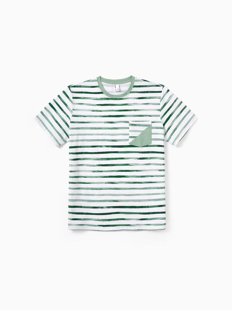 Family Matching Cotton Outfits Set Green Striped T-Shirt and Dress Set for Dad, Mom, Kids & Baby, Perfect for Summer Family Outings & Photos Green