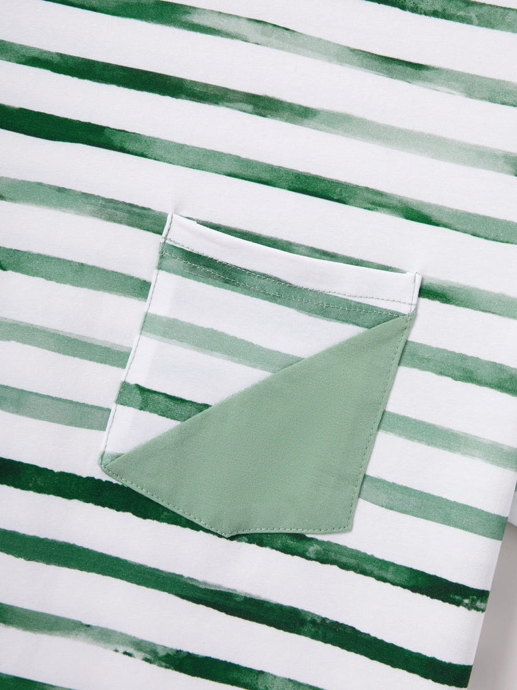 Family Matching Cotton Outfits Set Green Striped T-Shirt and Dress Set for Dad, Mom, Kids & Baby, Perfect for Summer Family Outings & Photos Green