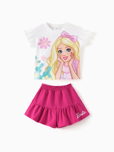 Barbie Toddler/Kid Girl Sweet Ruffle-sleeve Top and Shorts Set Hot Pink