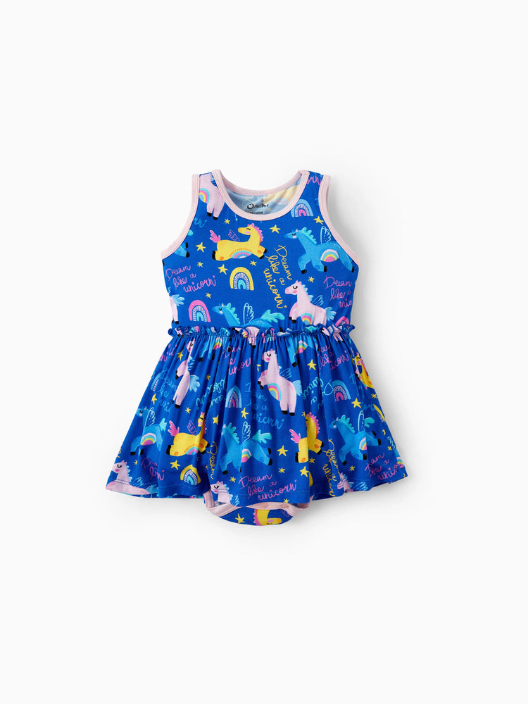 Bamboo Baby Girl Solid Color and Cartoon Animal Pattern 2-Piece Sleeveless Dress With Bodysuit Set Pink