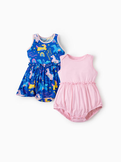 Bamboo Baby Girl Solid Color and Cartoon Animal Pattern 2-Piece Sleeveless Dress With Bodysuit Set Pink