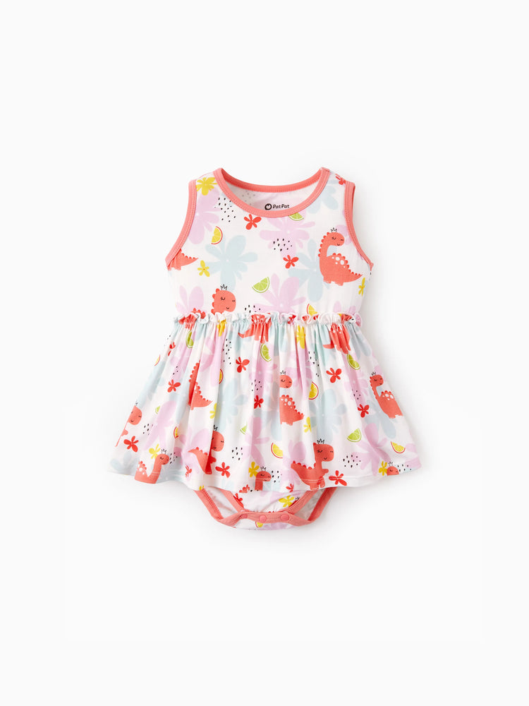 Bamboo Baby Girl Solid Color and Cartoon Animal Pattern 2-Piece Sleeveless Dress With Bodysuit Set incarnadinepink