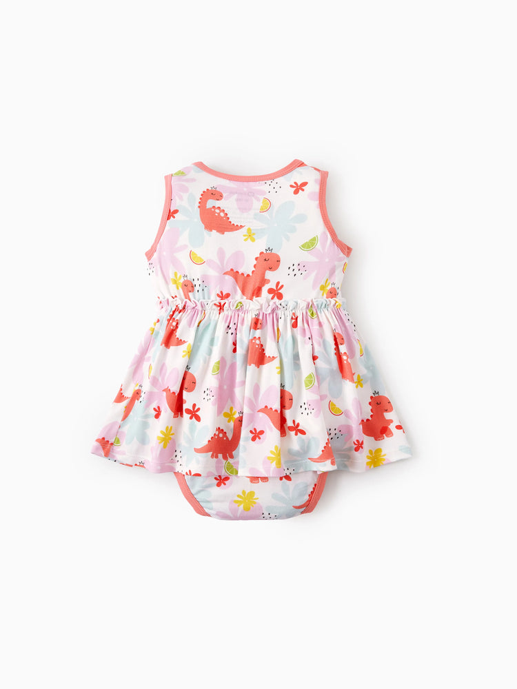 Bamboo Baby Girl Solid Color and Cartoon Animal Pattern 2-Piece Sleeveless Dress With Bodysuit Set incarnadinepink