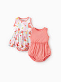 Bamboo Baby Girl Solid Color and Cartoon Animal Pattern 2-Piece Sleeveless Dress With Bodysuit Set incarnadinepink