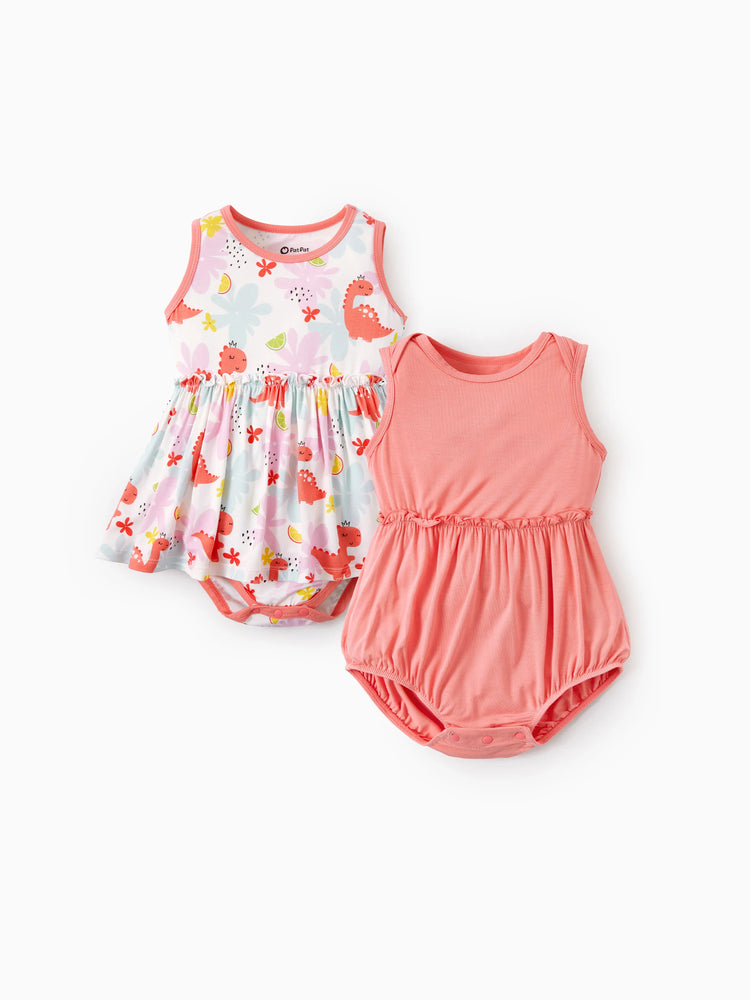 Bamboo Baby Girl Solid Color and Cartoon Animal Pattern 2-Piece Sleeveless Dress With Bodysuit Set incarnadinepink