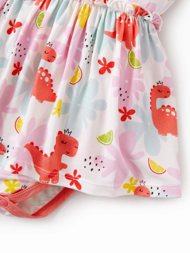 Bamboo Baby Girl Solid Color and Cartoon Animal Pattern 2-Piece Sleeveless Dress With Bodysuit Set incarnadinepink