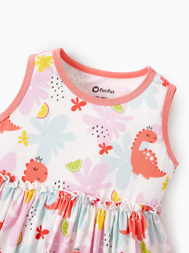 Bamboo Baby Girl Solid Color and Cartoon Animal Pattern 2-Piece Sleeveless Dress With Bodysuit Set incarnadinepink