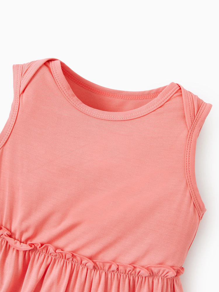 Bamboo Baby Girl Solid Color and Cartoon Animal Pattern 2-Piece Sleeveless Dress With Bodysuit Set incarnadinepink