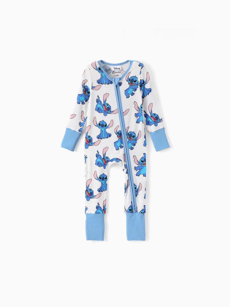 Disney Stitch Bamboo Baby Boy/Girl 2-Way Zip Onesies Anti Slip Long-sleeve Footie Blue