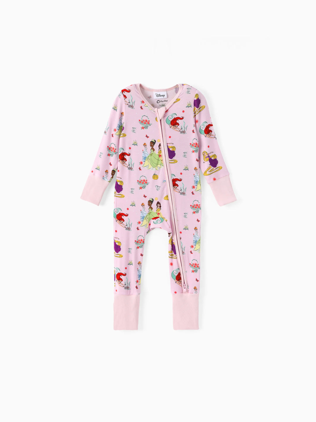 Disney Princess Bamboo Baby Girl Ariel/Belle/Tiana 2-Way Zip Onesies Anti Slip Long-sleeve Footie Pink