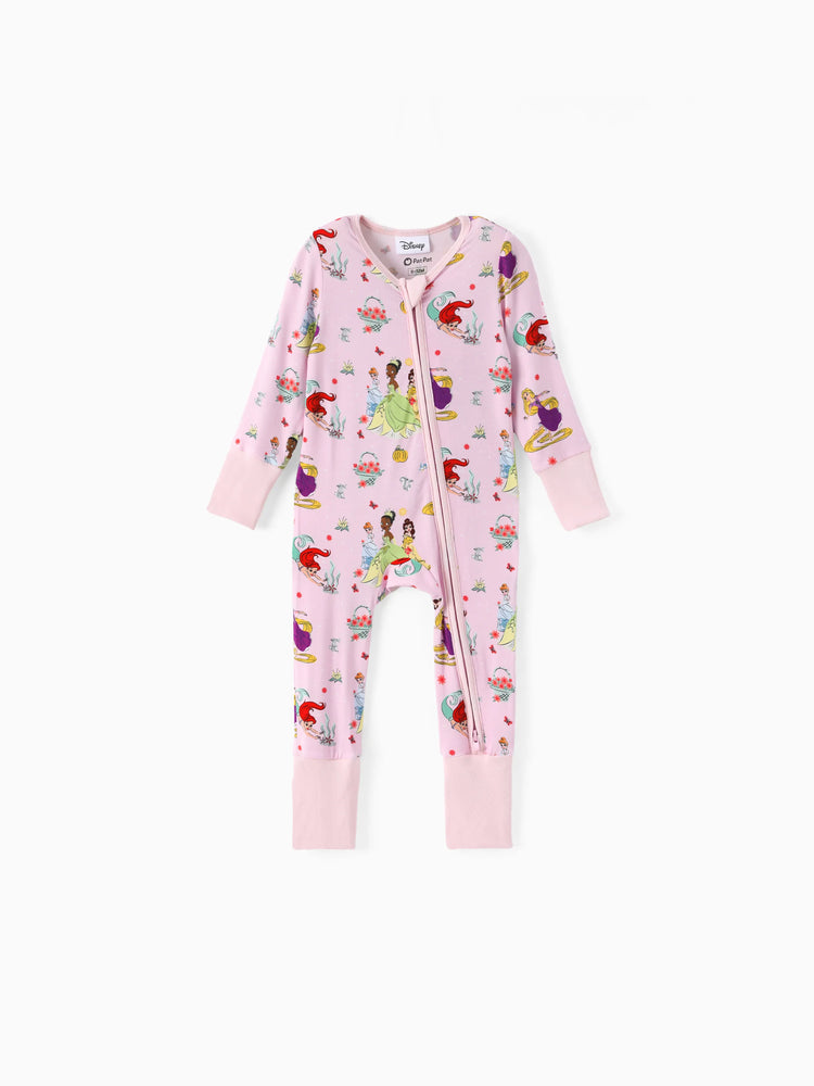 Disney Princess Bamboo Baby Girl Ariel/Belle/Tiana 2-Way Zip Onesies Anti Slip Long-sleeve Footie Pink