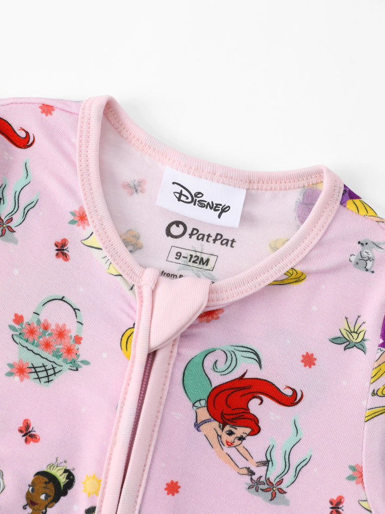 Disney Princess Bamboo Baby Girl Ariel/Belle/Tiana 2-Way Zip Onesies Anti Slip Long-sleeve Footie Pink