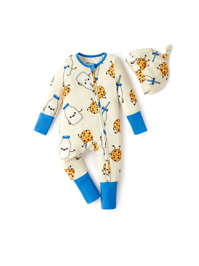 Bamboo Baby Boy/Girl Animal Printed 2-Way Zip Onesies Anti Slip Long-sleeve Footie with Hairband Blue