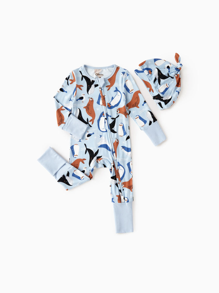 Bamboo Baby Boy/Girl Animal Printed 2-Way Zip Onesies Anti Slip Long-sleeve Footie with Hairband Royal Blue