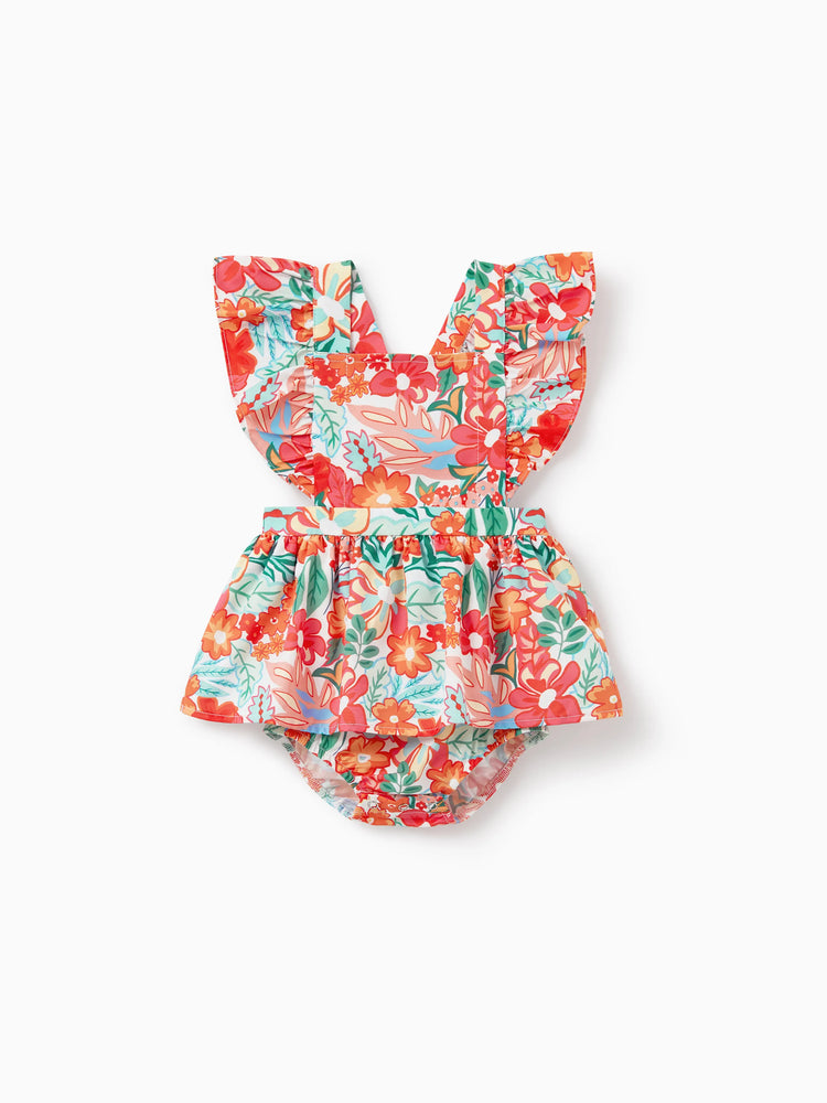 Matching Family Outfits Hawaiian Floral Print Shirts &  Sleeveless Strap Top and Skirt Co-ord Set Multi-color