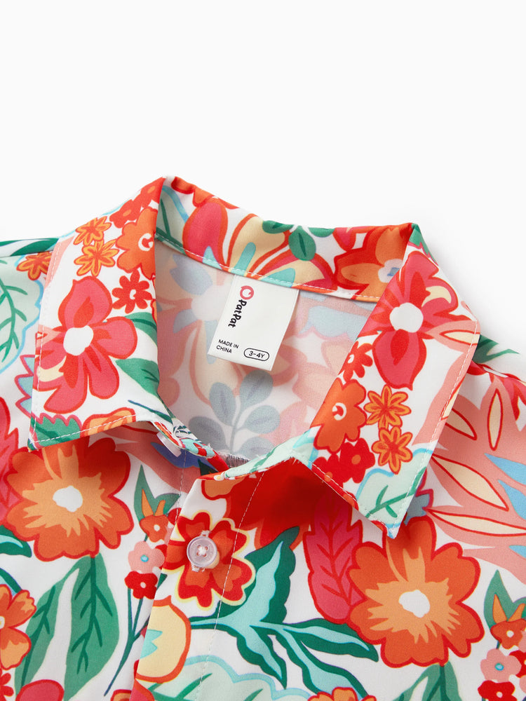 Matching Family Outfits Hawaiian Floral Print Shirts &  Sleeveless Strap Top and Skirt Co-ord Set Multi-color
