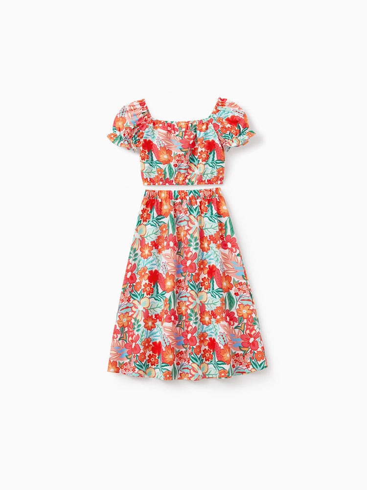 Matching Family Outfits Hawaiian Floral Print Shirts &  Sleeveless Strap Top and Skirt Co-ord Set Multi-color