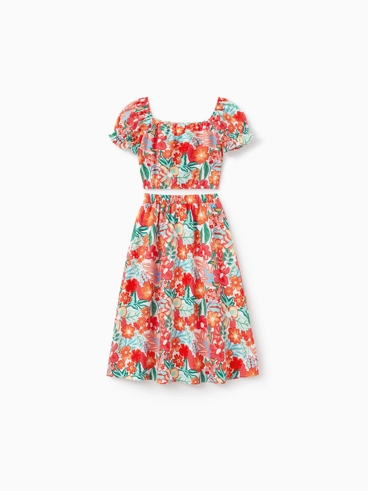 Matching Family Outfits Hawaiian Floral Print Shirts &  Sleeveless Strap Top and Skirt Co-ord Set Multi-color