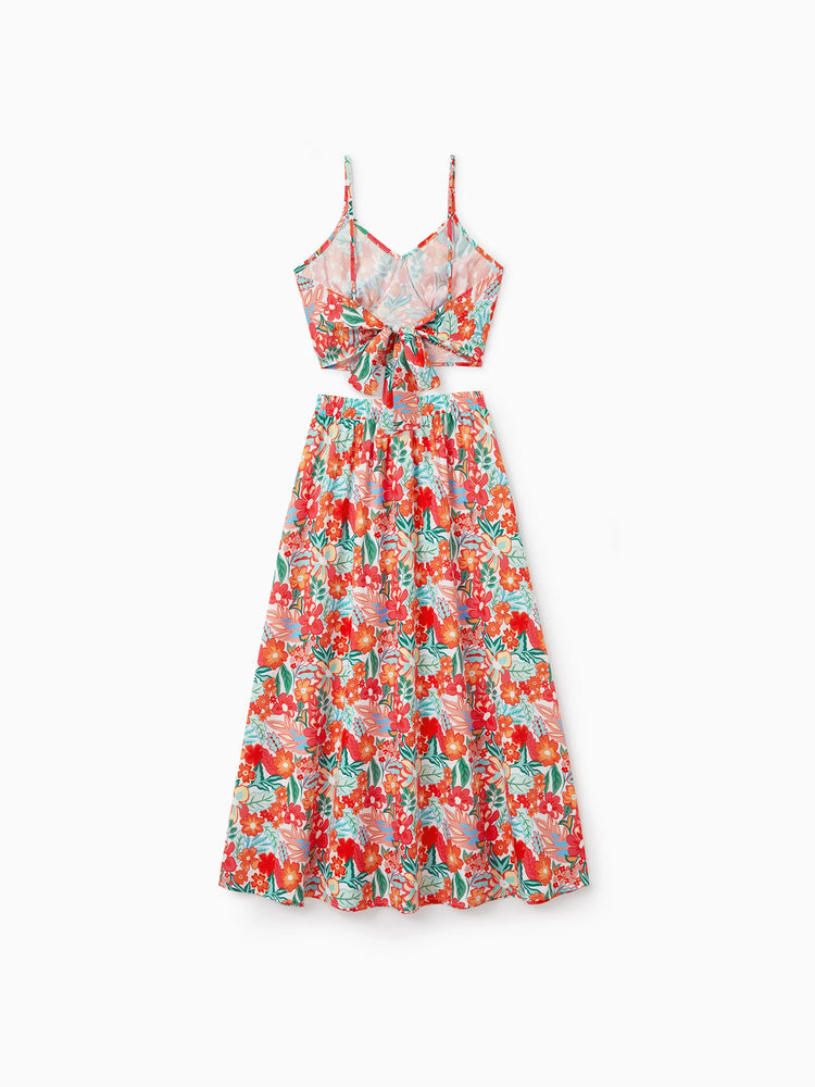 Matching Family Outfits Hawaiian Floral Print Shirts &  Sleeveless Strap Top and Skirt Co-ord Set Multi-color
