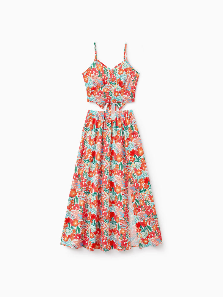 Matching Family Outfits Hawaiian Floral Print Shirts &  Sleeveless Strap Top and Skirt Co-ord Set Multi-color