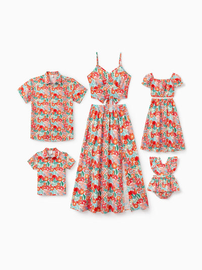 Matching Family Outfits Hawaiian Floral Print Shirts &  Sleeveless Strap Top and Skirt Co-ord Set Multi-color