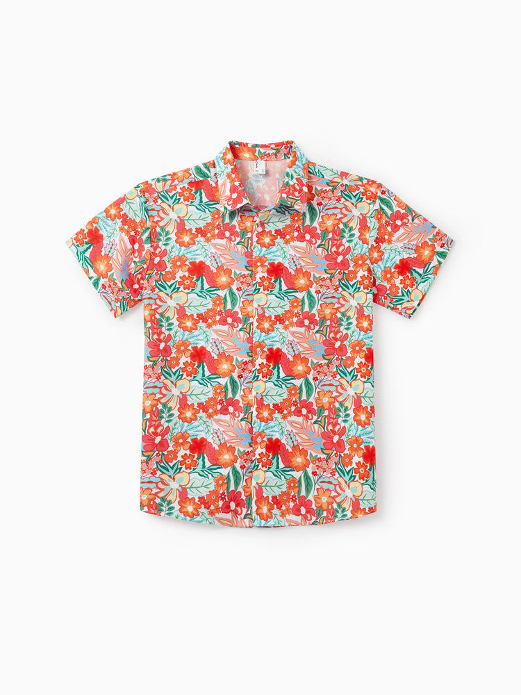 Matching Family Outfits Hawaiian Floral Print Shirts &  Sleeveless Strap Top and Skirt Co-ord Set Multi-color