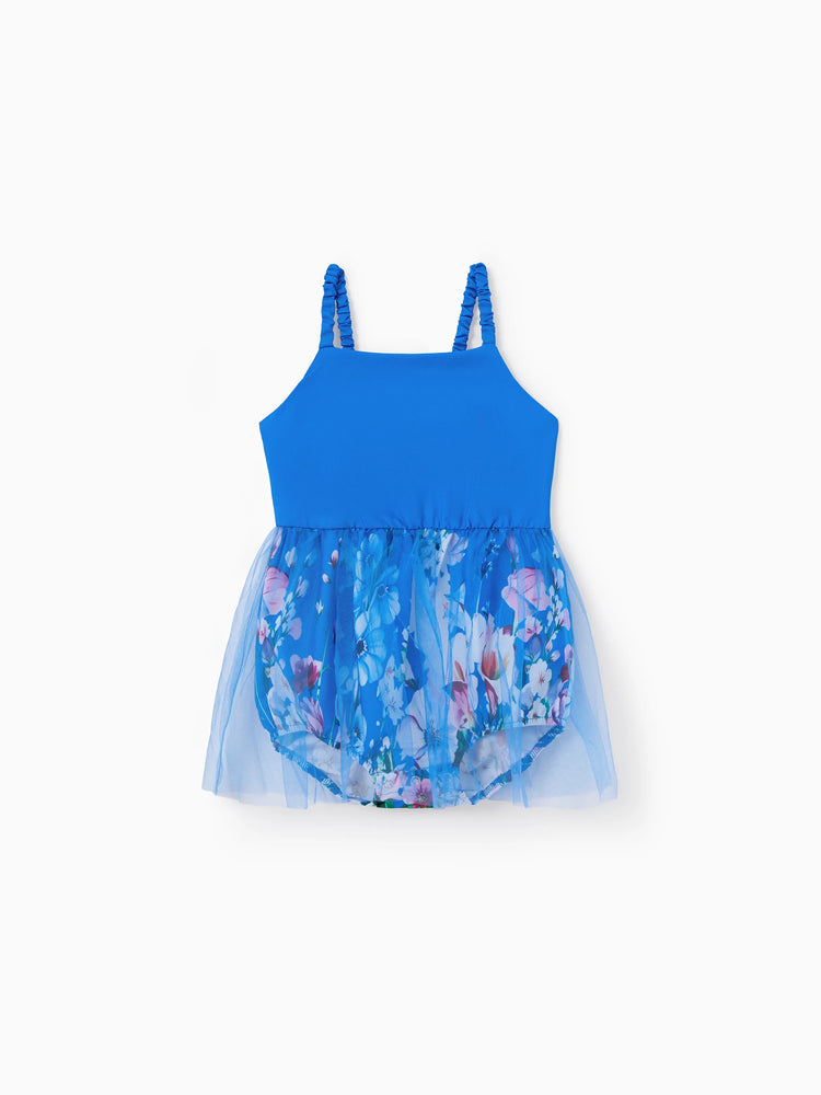 Family Matching Outfits Set Floral Sleeveless Dress or Short-sleeve T-shirt Blue