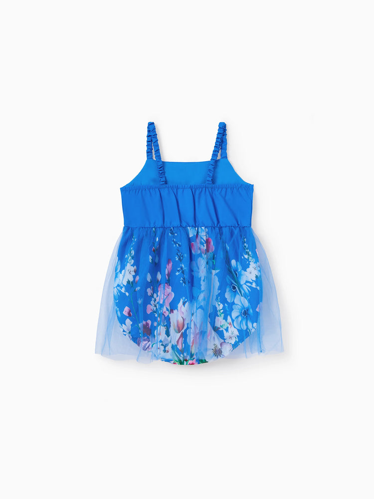 Family Matching Outfits Set Floral Sleeveless Dress or Short-sleeve T-shirt Blue