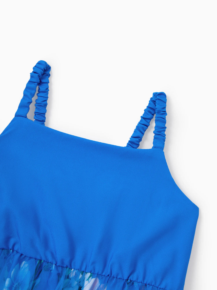 Family Matching Outfits Set Floral Sleeveless Dress or Short-sleeve T-shirt Blue