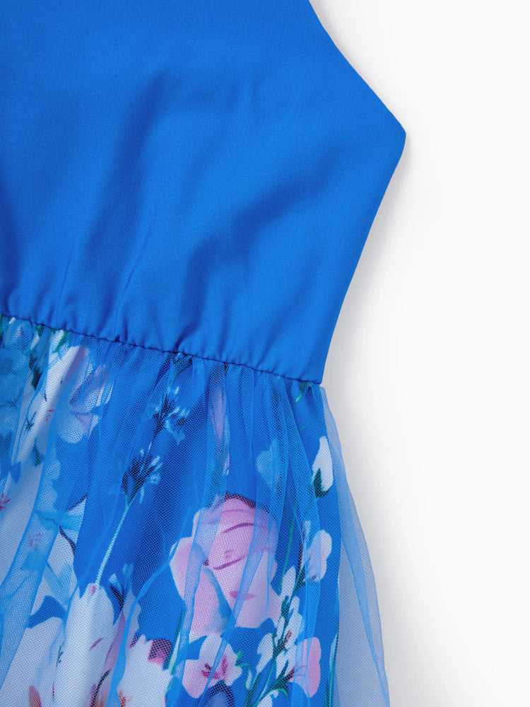 Family Matching Outfits Set Floral Sleeveless Dress or Short-sleeve T-shirt Blue