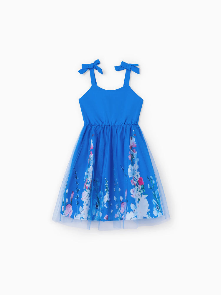 Family Matching Outfits Set Floral Sleeveless Dress or Short-sleeve T-shirt Blue
