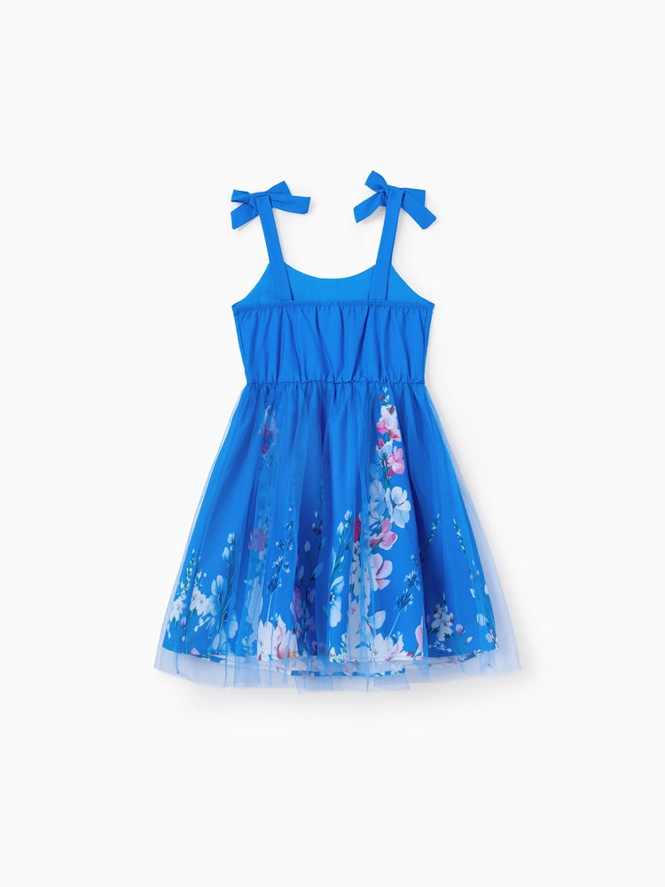 Family Matching Outfits Set Floral Sleeveless Dress or Short-sleeve T-shirt Blue