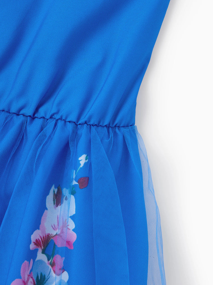 Family Matching Outfits Set Floral Sleeveless Dress or Short-sleeve T-shirt Blue
