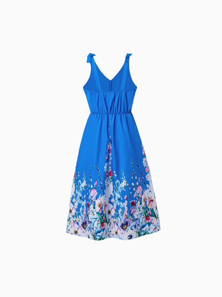 Family Matching Outfits Set Floral Sleeveless Dress or Short-sleeve T-shirt Blue