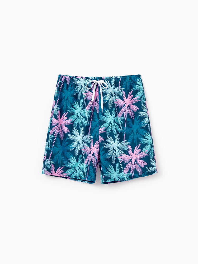 Daddy & Son Swimsuits Tropical Palm Tree Print,Daddy and Son Swim Trunks Set, Beach Vacation Swimwear Turquoise